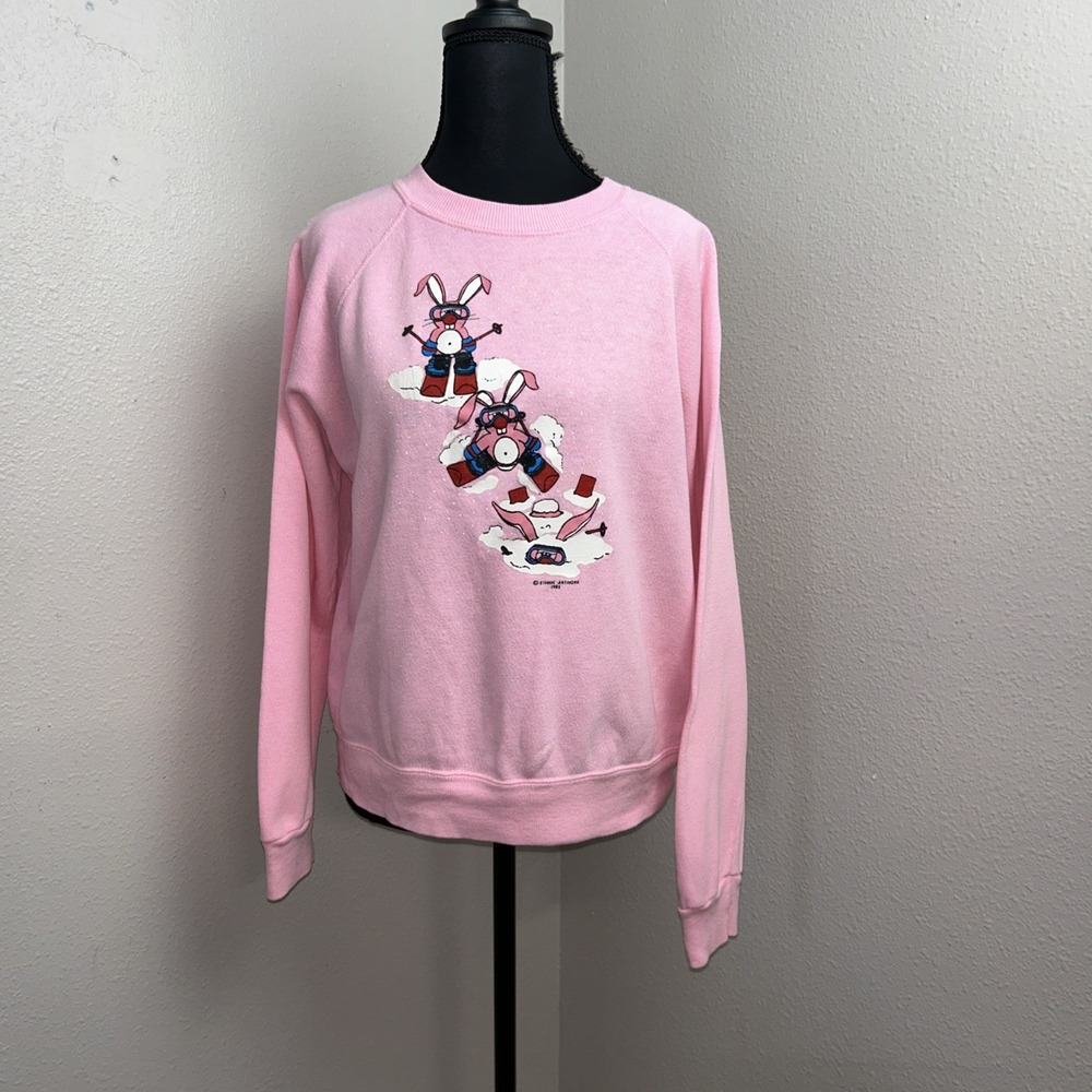 Vintage‎ 80's Bassett-Walker Sweatshirt Women's Medium Pink Bunny Skiing Winter
